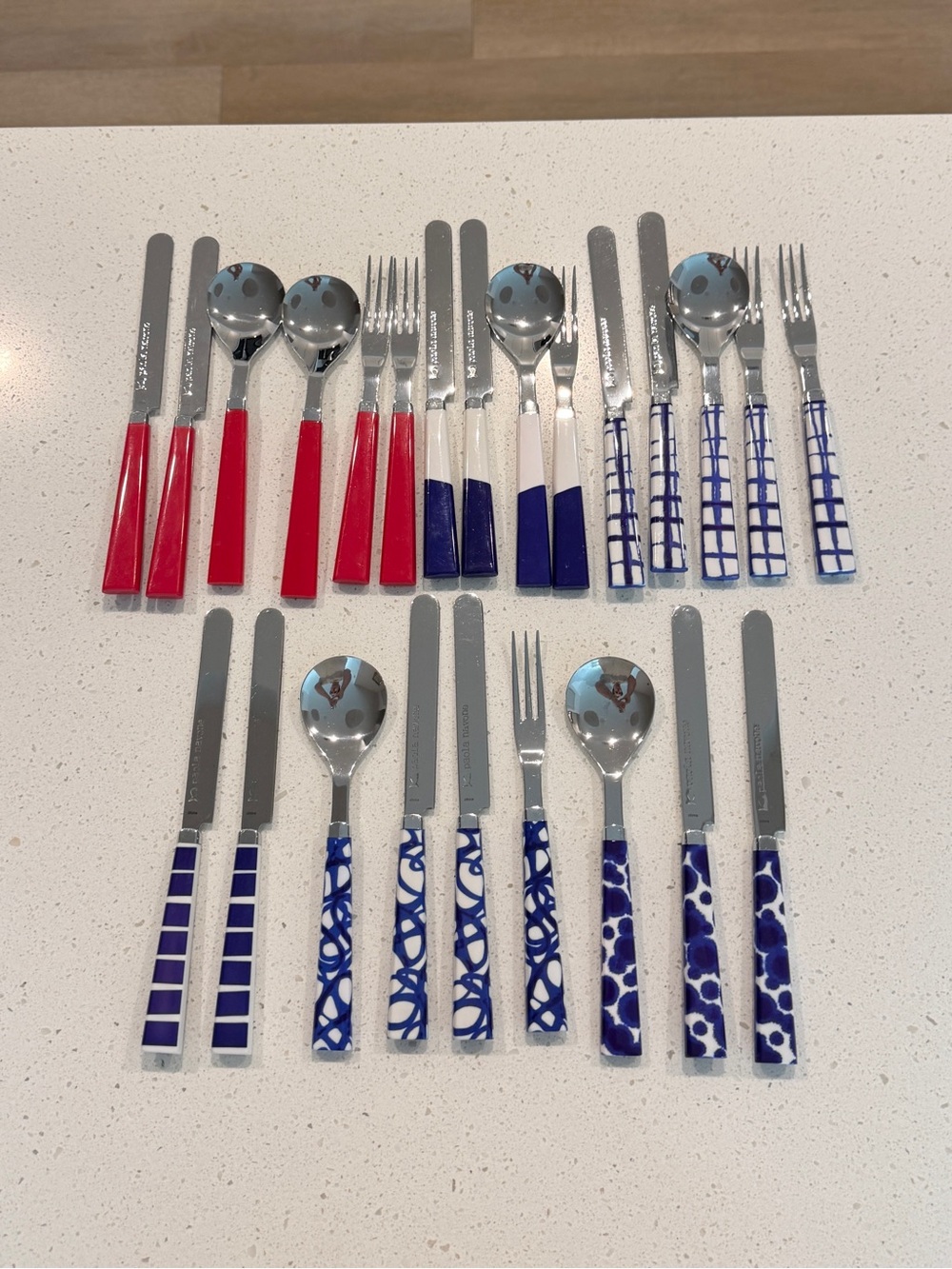 Crate & Barrel Como Paola Navone Flatware Red Blue Handles Stainless Steel 24 pc